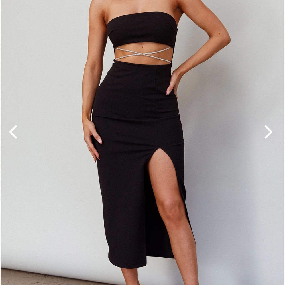 NOHEMI STRAPLESS DIAMANTE MIDI DRESS BLACK